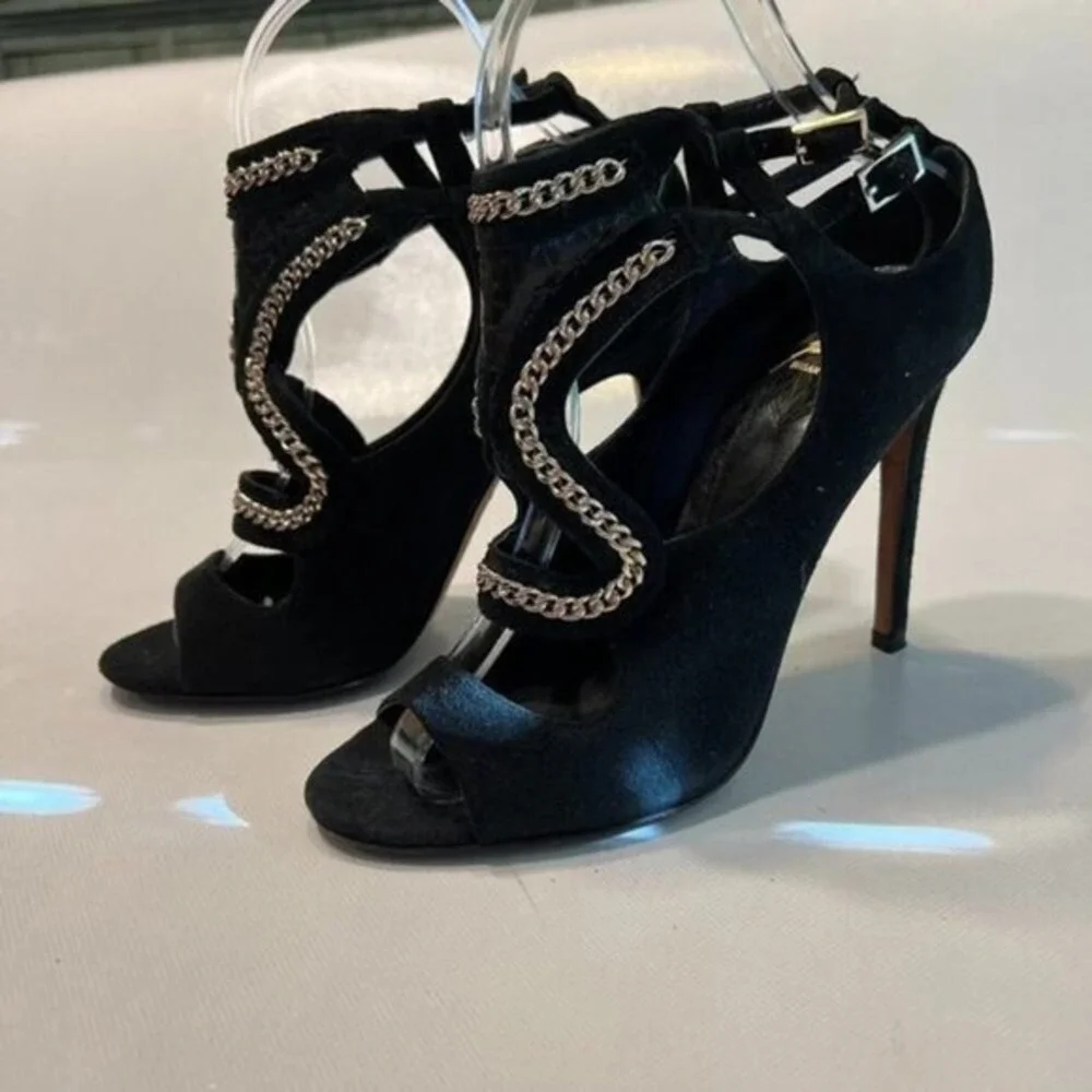Brian Atwood Chain Link Suede Cage Sandals Womens 8 Black Excellent Stiletto